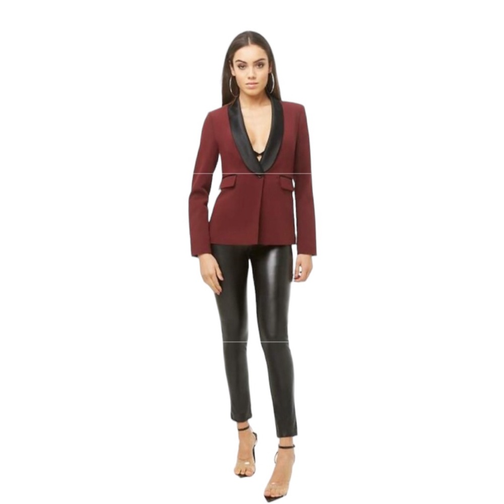 Forever 21 Burgundy Black Contrast-Satin Lapel Blazer Business Casual
